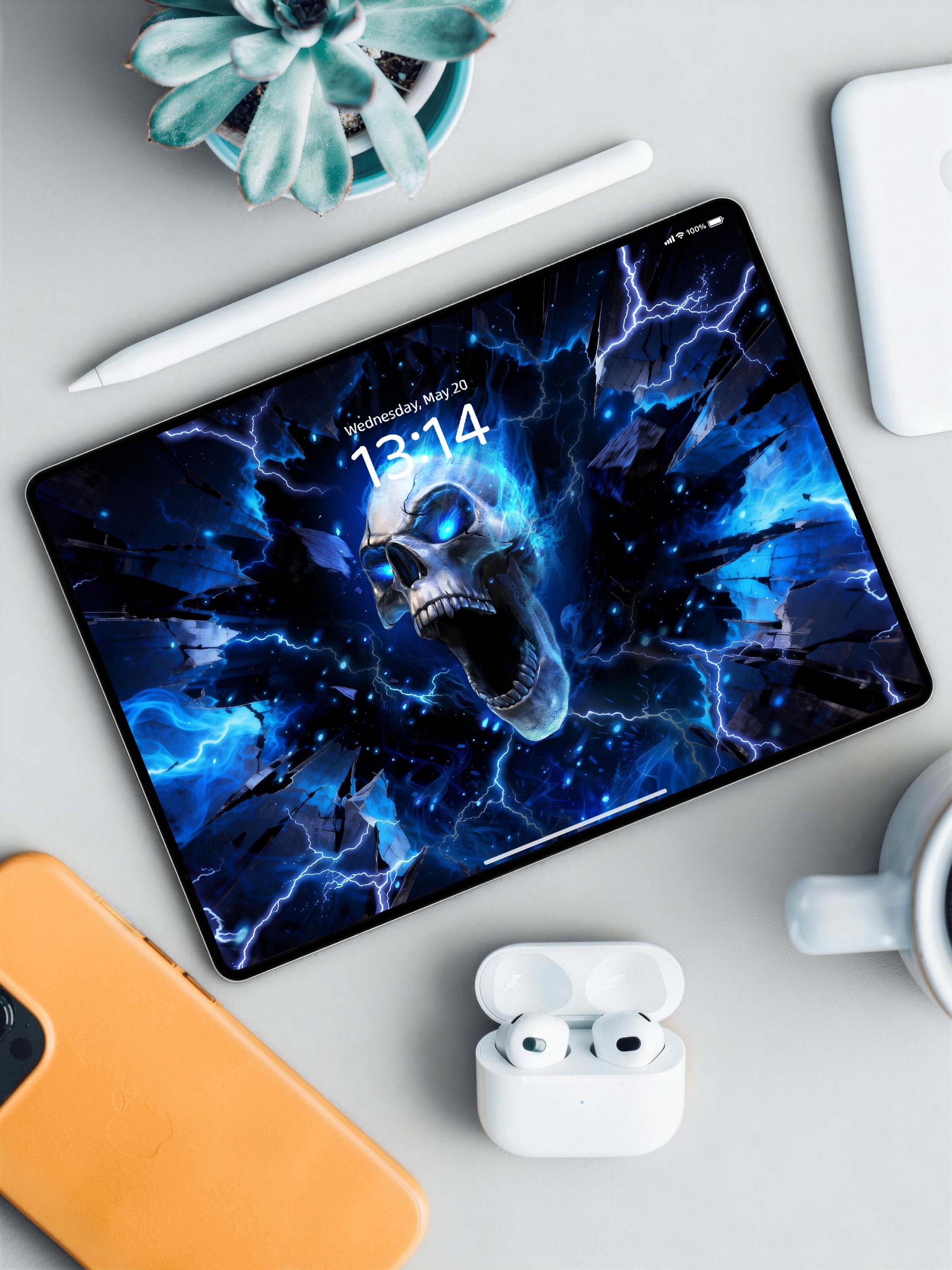 Roaring Blue Flame Skull Digital Wallpaper