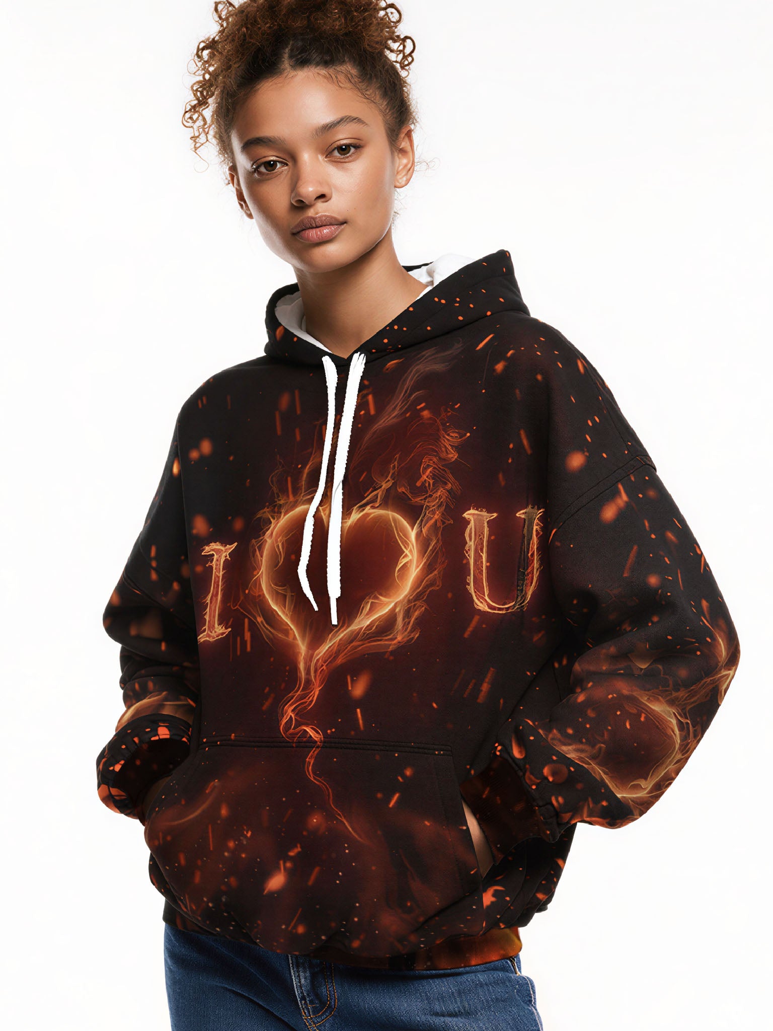 Unisex 3D All Over Print Hoodie Flame Heart I Love You Aesthetic Streetwear Soft Cotton Blend