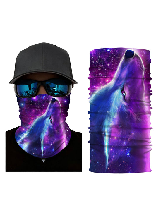Unisex Neck Gaiter with 3D all over print featuring cosmic wolf howling in galaxy nebula, Aesthetic style, breathable fabric, windproof and durable print for outdoor adventures