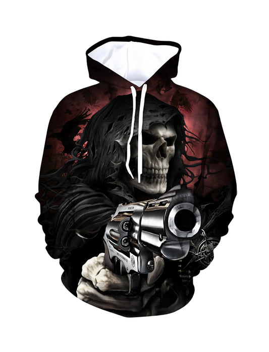Double Guns Skull 3D All Over Print Hoodie Gothic Dark Aesthetic Streetwear for Men Women