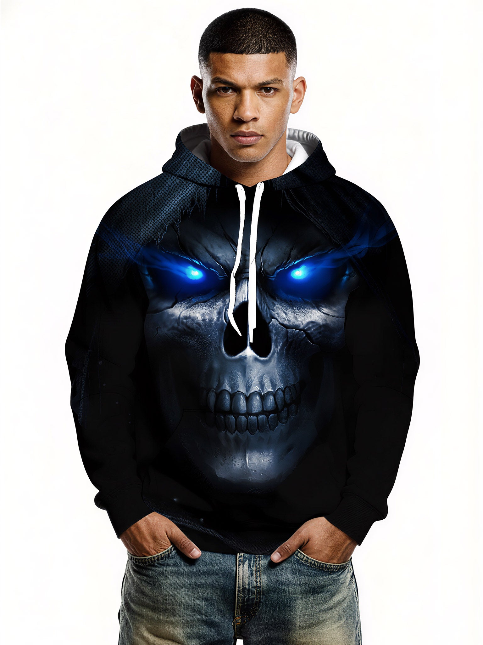 3D All Over Print Skull Hoodie with Glowing Blue Eyes for Men Women, Gothic Streetwear Style