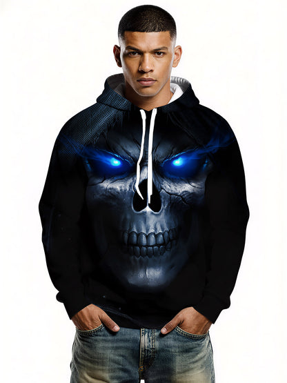 3D All Over Print Skull Hoodie with Glowing Blue Eyes for Men Women, Gothic Streetwear Style