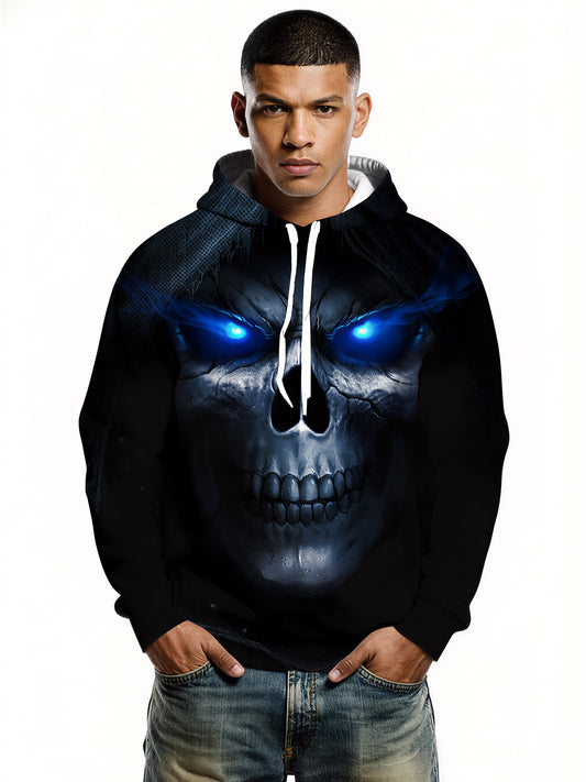 3D All Over Print Skull Hoodie with Glowing Blue Eyes for Men Women, Gothic Streetwear Style