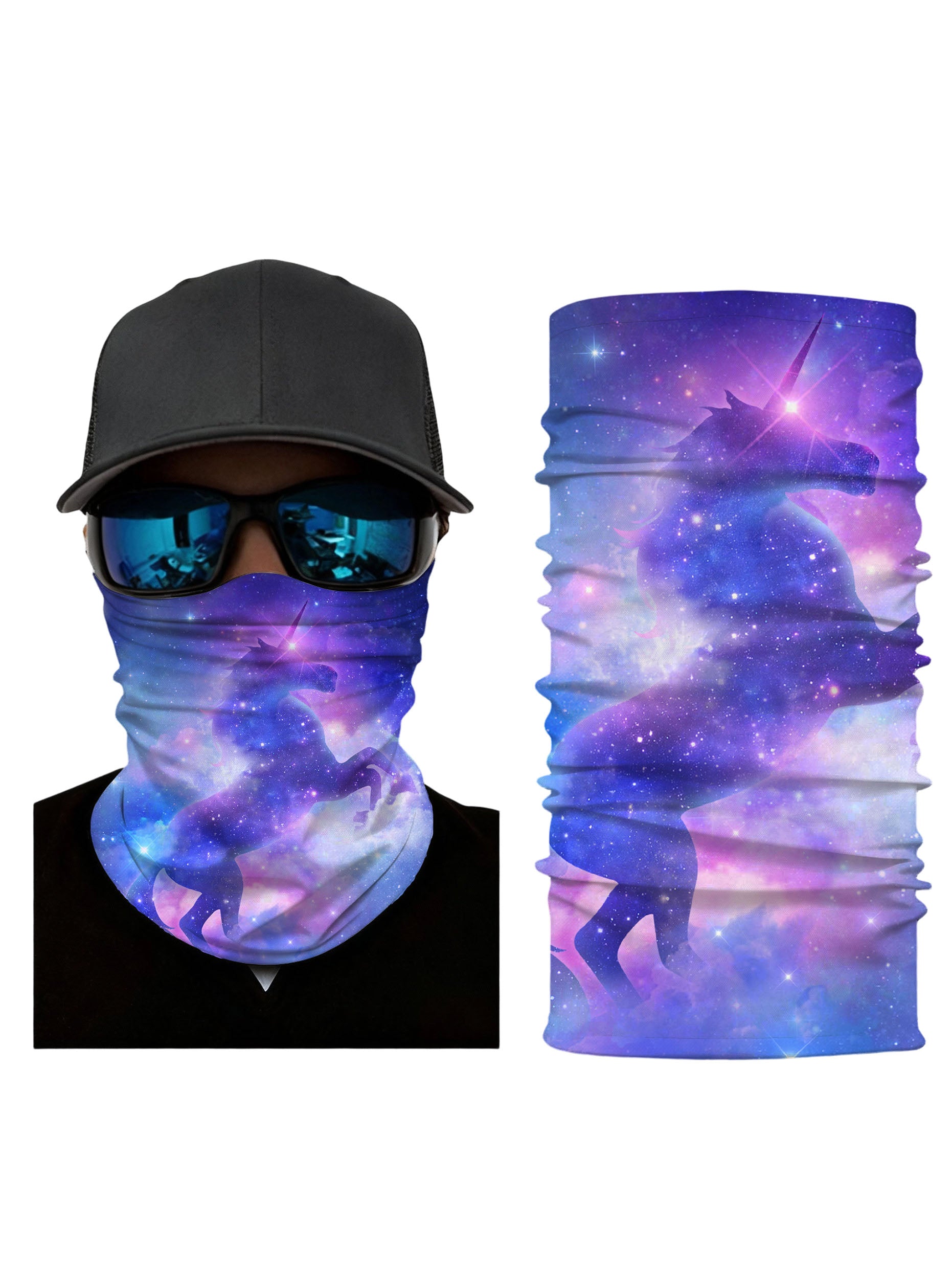 Neck Gaiter with 3D all over print galaxy nebula unicorn design, Aesthetic style unisex tube face mask, soft stretchy breathable fabric for outdoor wear