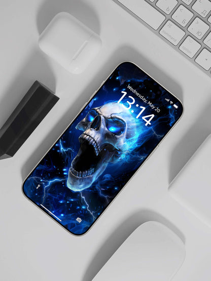 Roaring Blue Flame Skull Digital Wallpaper