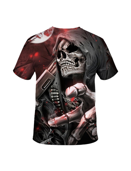 Men Women 3D All Over Print Grim Reaper T-Shirt with Blood Moon and Shotgun Design
