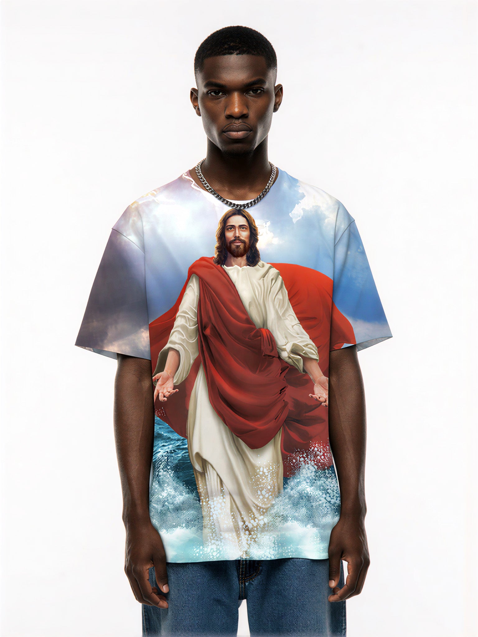 Jesus Walking on Water 3D All Over Print T-Shirt for Men Women Religious Christian Art Sweatshirt