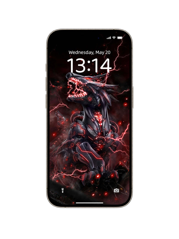 Red Mecha Wolf Lightning Digital Wallpaper