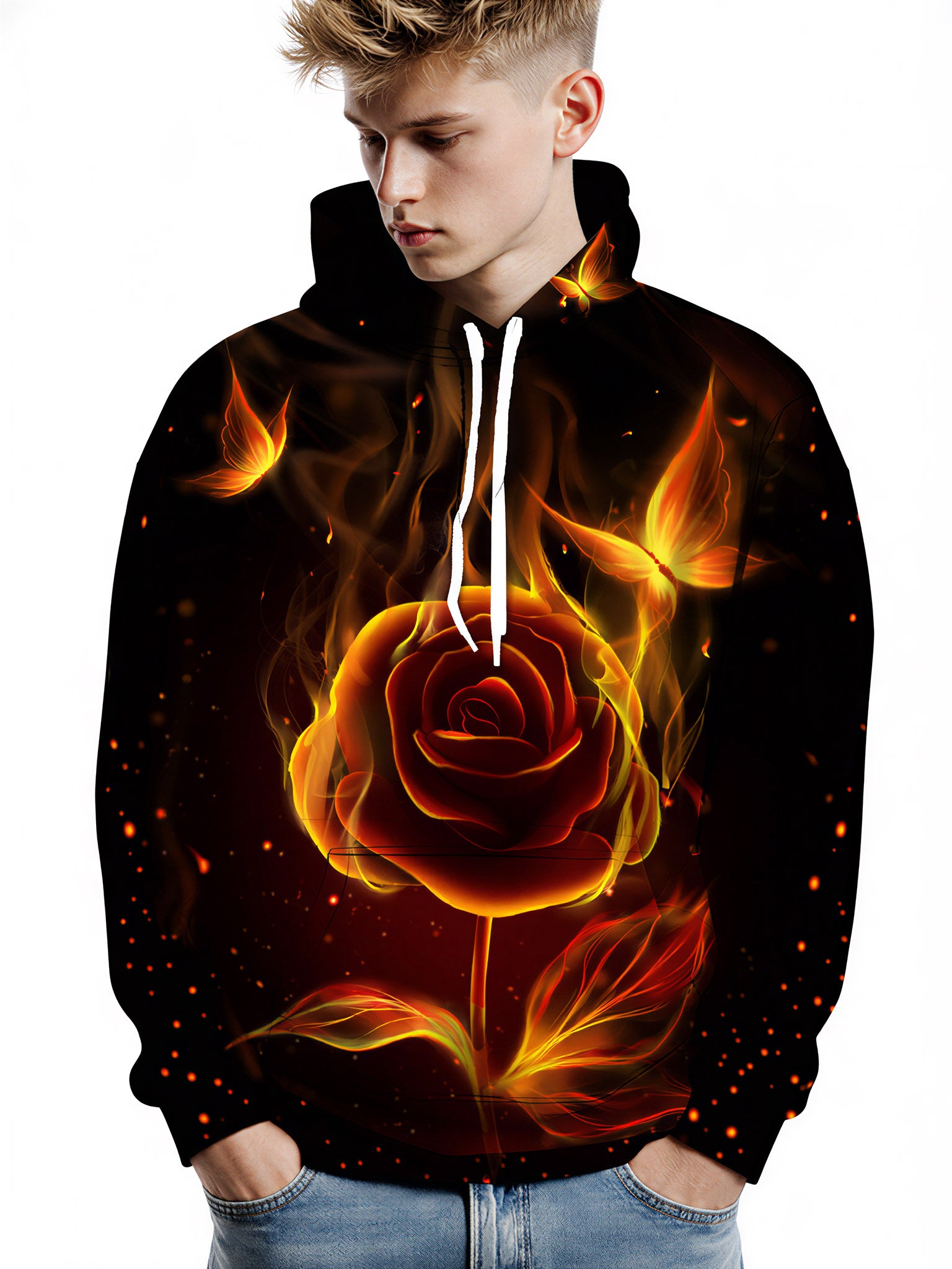 Flaming Rose 3D All Over Print Hoodie for Men Women, Fire Butterfly Graphic Pullover Sweatshirt