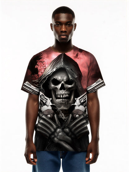 Men Women 3D All Over Print Grim Reaper Skull T-Shirt with Guns and Ravens Horror Style