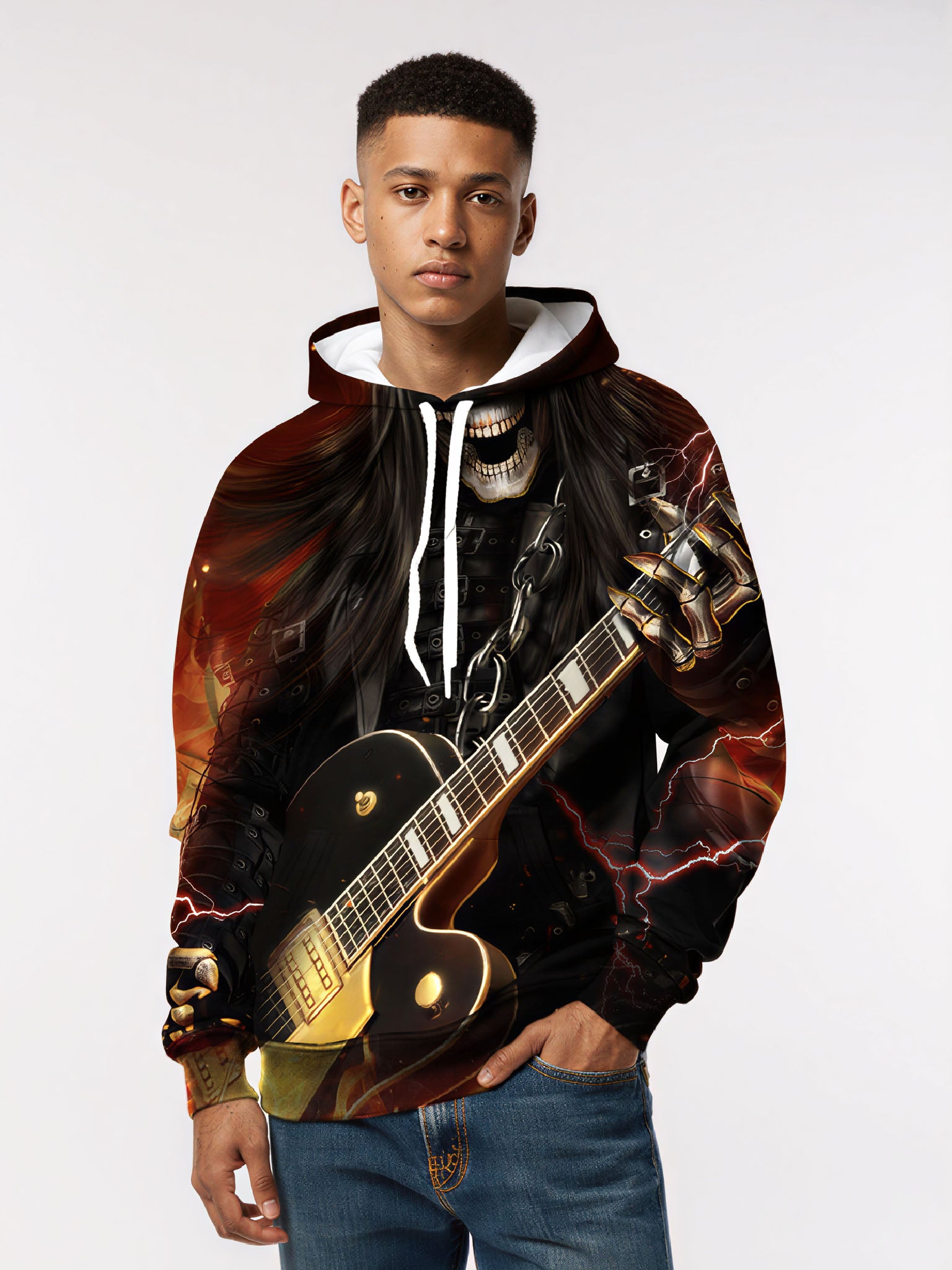 Rock Skull Guitar 3D All Over Print Hoodie Unisex Streetwear Cotton Blend