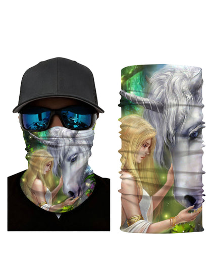 Unisex Neck Gaiter with 3D all over print featuring fantasy unicorn and ethereal maiden, Aesthetic style, breathable fabric, soft stretchy, UV protection for outdoor wear
