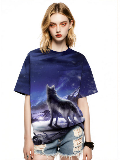 Wolf Mountain Night 3D All Over Print T-Shirt for Men Women Fantasy Art Style