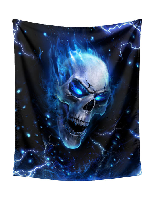Blue Flaming Skull With Lightning Tapestry - Cool Dark Fantasy Wall Hanging for Edgy Home Decor