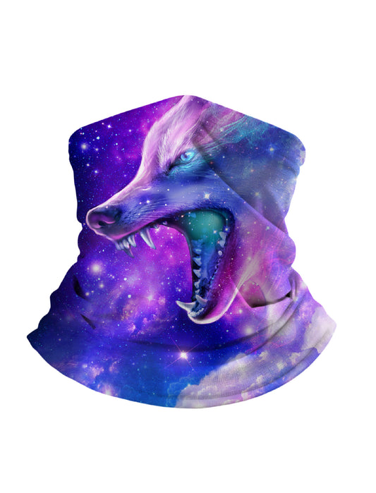 Tube Face Mask with 3D all over print featuring cosmic wolf head in galaxy nebula, Aesthetic style, unisex breathable fabric for outdoor sports and daily wear
