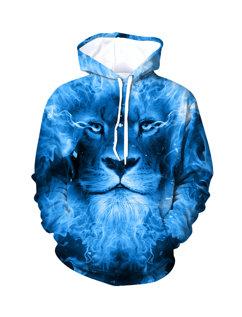 Blue Lion 3D All Over Print Hoodie for Men Women, Ice Fire Graphic Pullover Sweatshirt