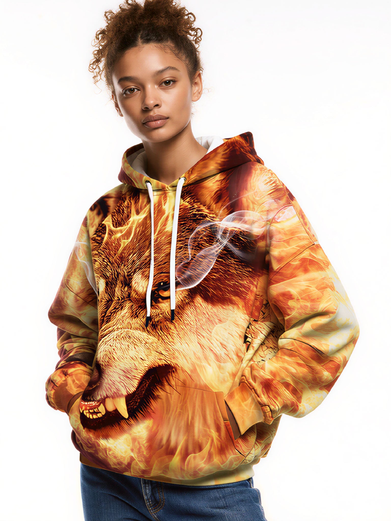Trendy Flame Wolf Graphic Hoodie Unisex Oversized Casual Pullover