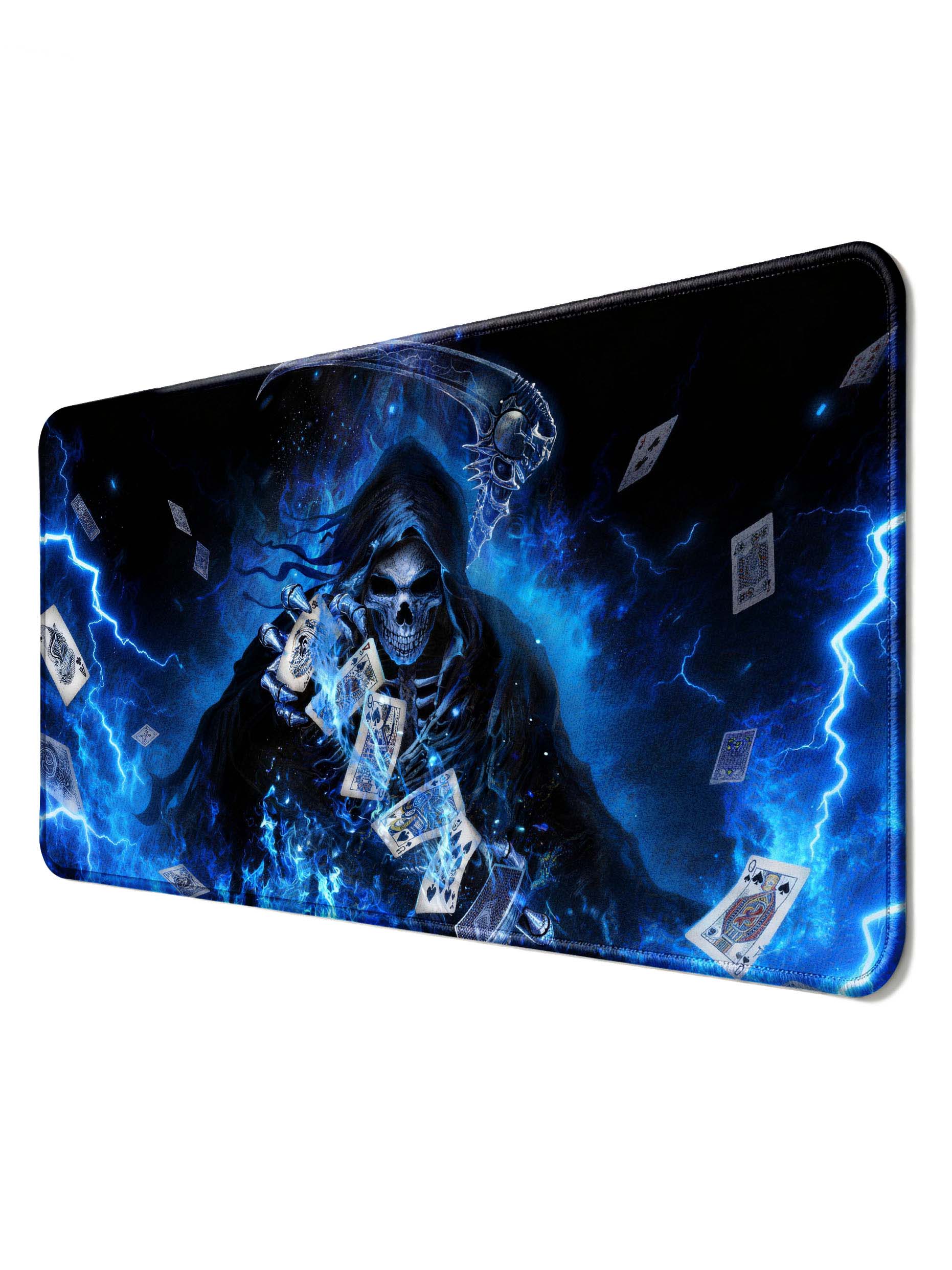 Grim Reaper With Scythe & Flying Cards In Blue Flames Desk Mat