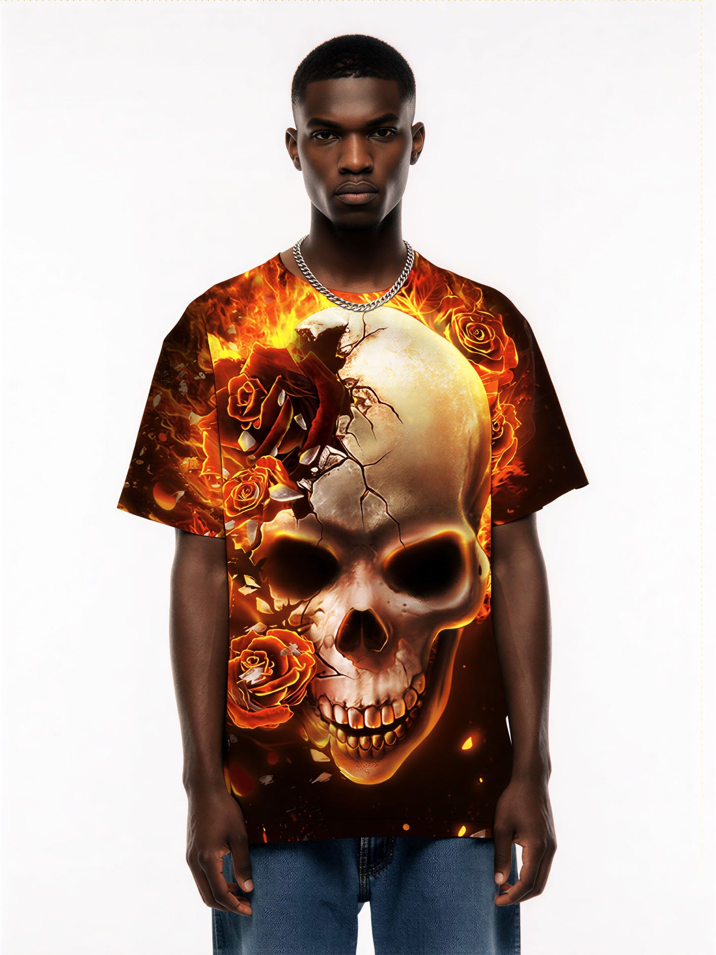 3D All Over Print Skull Rose Fire T-Shirt for Men Women Gothic Streetwear Graphic Pullover