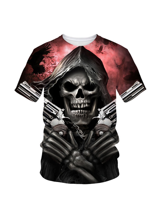Men Women 3D All Over Print Grim Reaper Skull T-Shirt with Guns and Ravens Horror Style