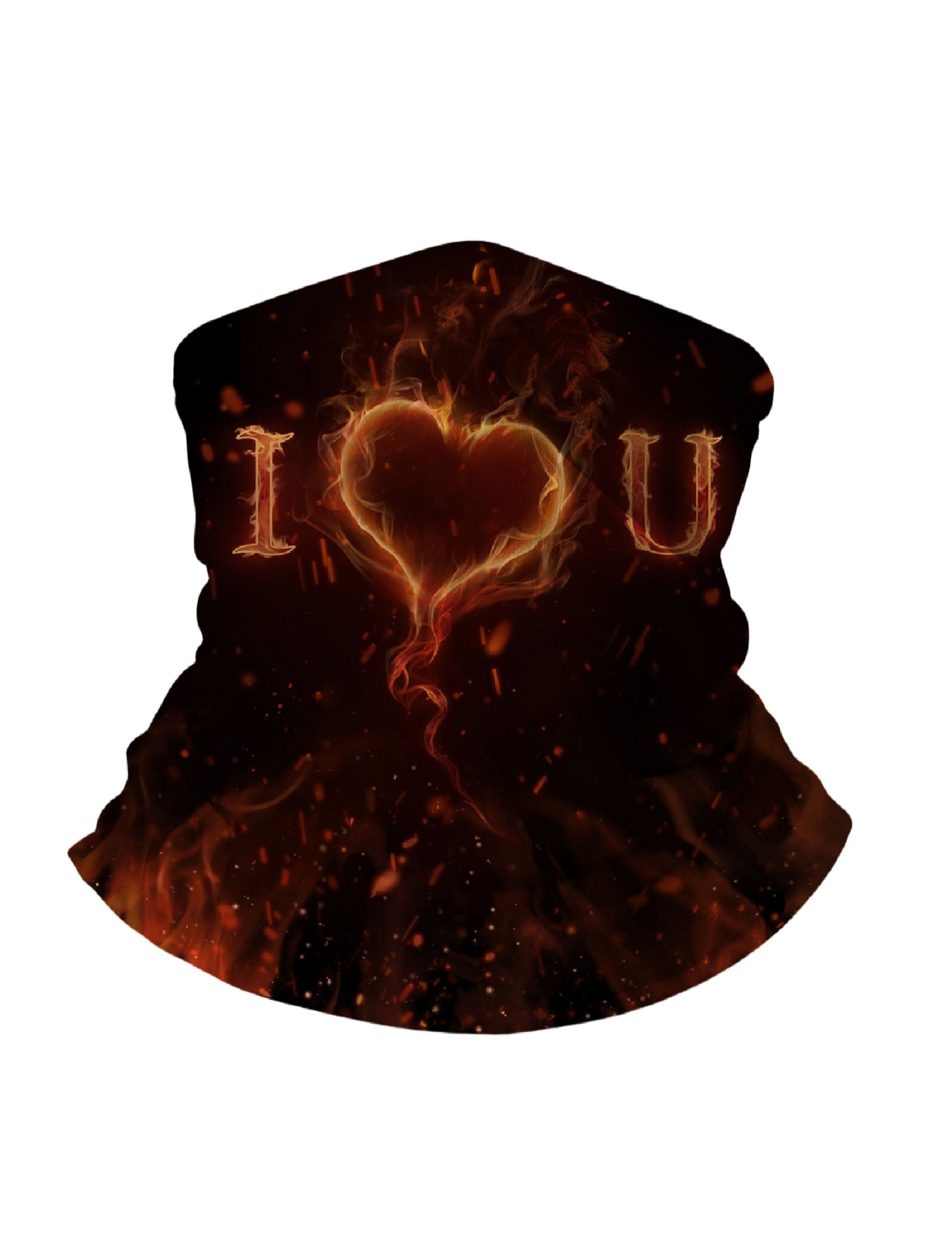 Tube Face Mask with 3D all over print flaming heart and I ♥ U text, Streetwear aesthetic unisex neck gaiter