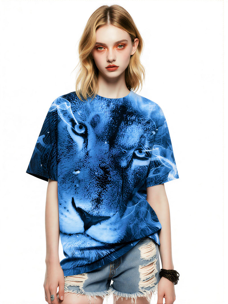 3D All Over Print Lion T-Shirt for Men Women Blue Flame Art Style