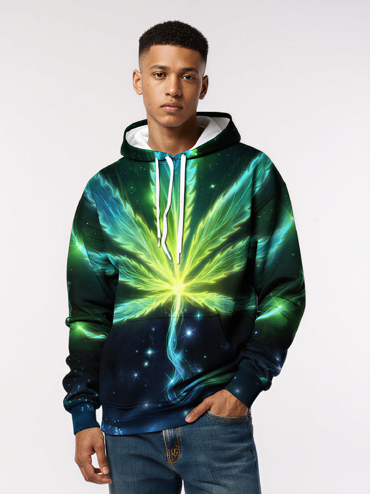 Neon Green Blue Flame Cannabis Leaf 3D Unisex Psychedelic Streetwear Hoodie