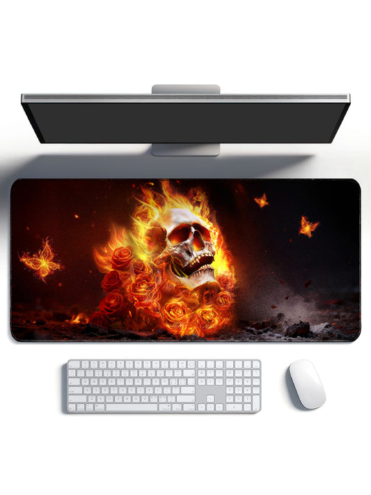 Roaring Skull With Flaming Roses And Butterflies Extended Desk Mat