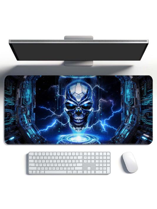 Cybernetic Skull In Futuristic Tech Portal With Blue Lightning Desk Mat