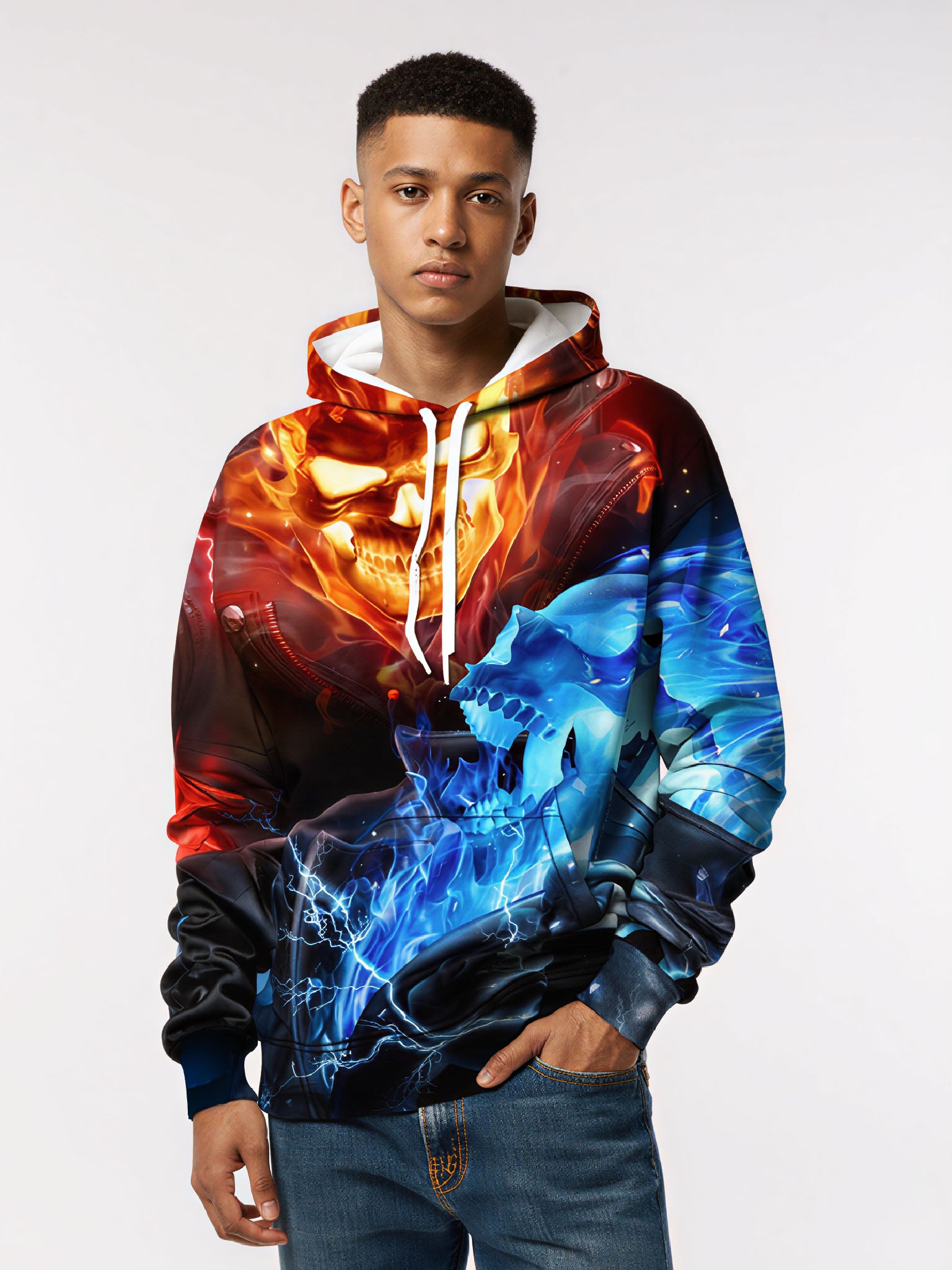 Unisex 3D All Over Print Hoodie Fire and Ice Skull Streetwear Pullover Soft Comfortable Cotton Blend