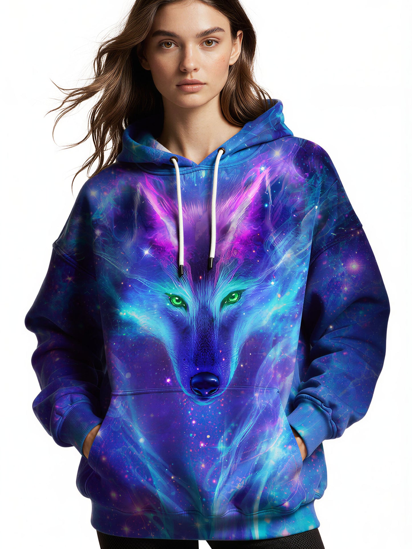Galaxy Wolf 3D All Over Print Hoodie, Unisex Cosmic Space Graphic Pullover Sweatshirt Streetwear