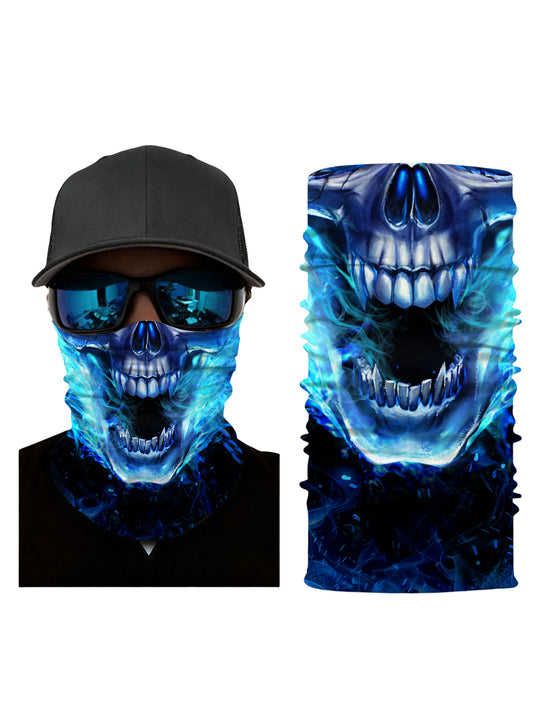 Menacing Blue Fire Skull 3D Print Neck Gaiter – Unisex Gothic Aesthetic Face Mask