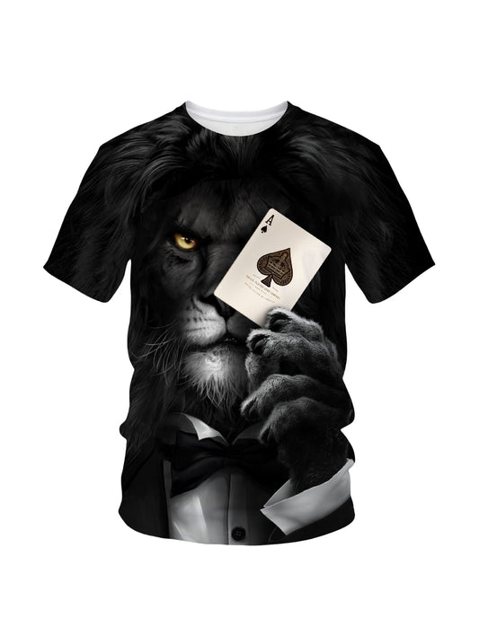 Men Women 3D All Over Print Lion Poker Ace T-Shirt Casual Streetwear