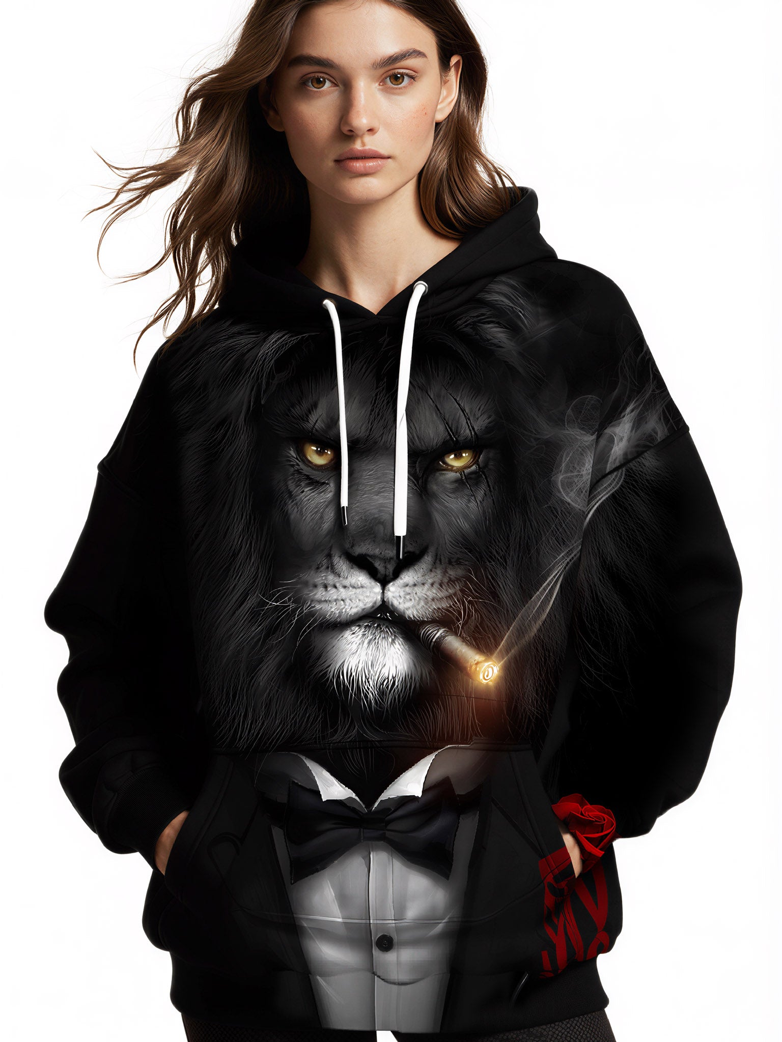 Men Women 3D All Over Print Lion Smoking Hoodie with Bow Tie and Rose Design