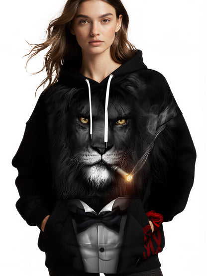 Men Women 3D All Over Print Lion Smoking Hoodie with Bow Tie and Rose Design