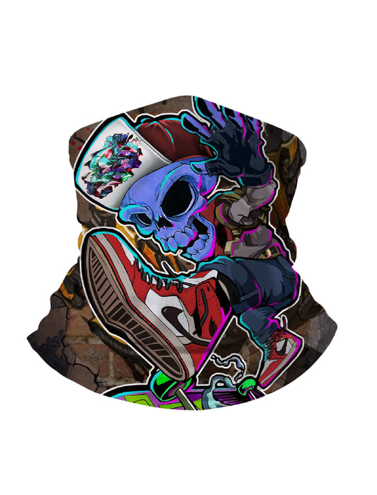 Tube Face Mask with 3D all over print graffiti skull and sneaker collage, Streetwear style unisex neck gaiter, soft stretchy breathable fabric for urban wear
