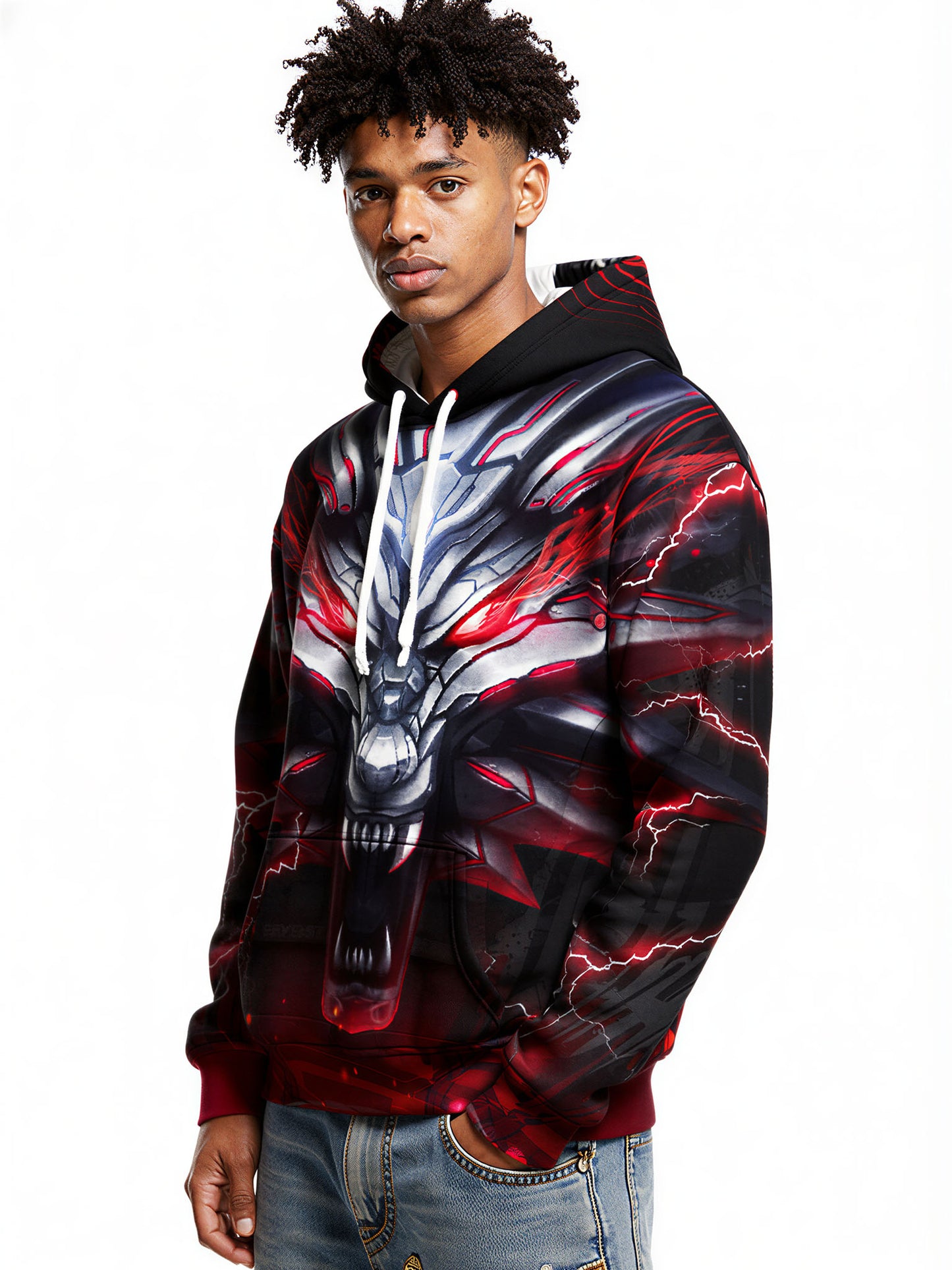 Men Women 3D All Over Print Dragon Hoodie with Red Lightning Cyberpunk Design