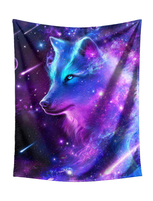 Pouncing Roaring Cosmic Wolf (Purple-Blue Gradient) on Starry Galaxy with Planets Tapestry - Mystical Fantasy Wall Hanging for Bold Home Decor
