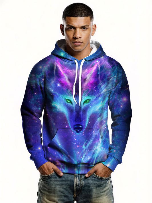 Galaxy Wolf 3D All Over Print Hoodie, Unisex Cosmic Space Graphic Pullover Sweatshirt Streetwear