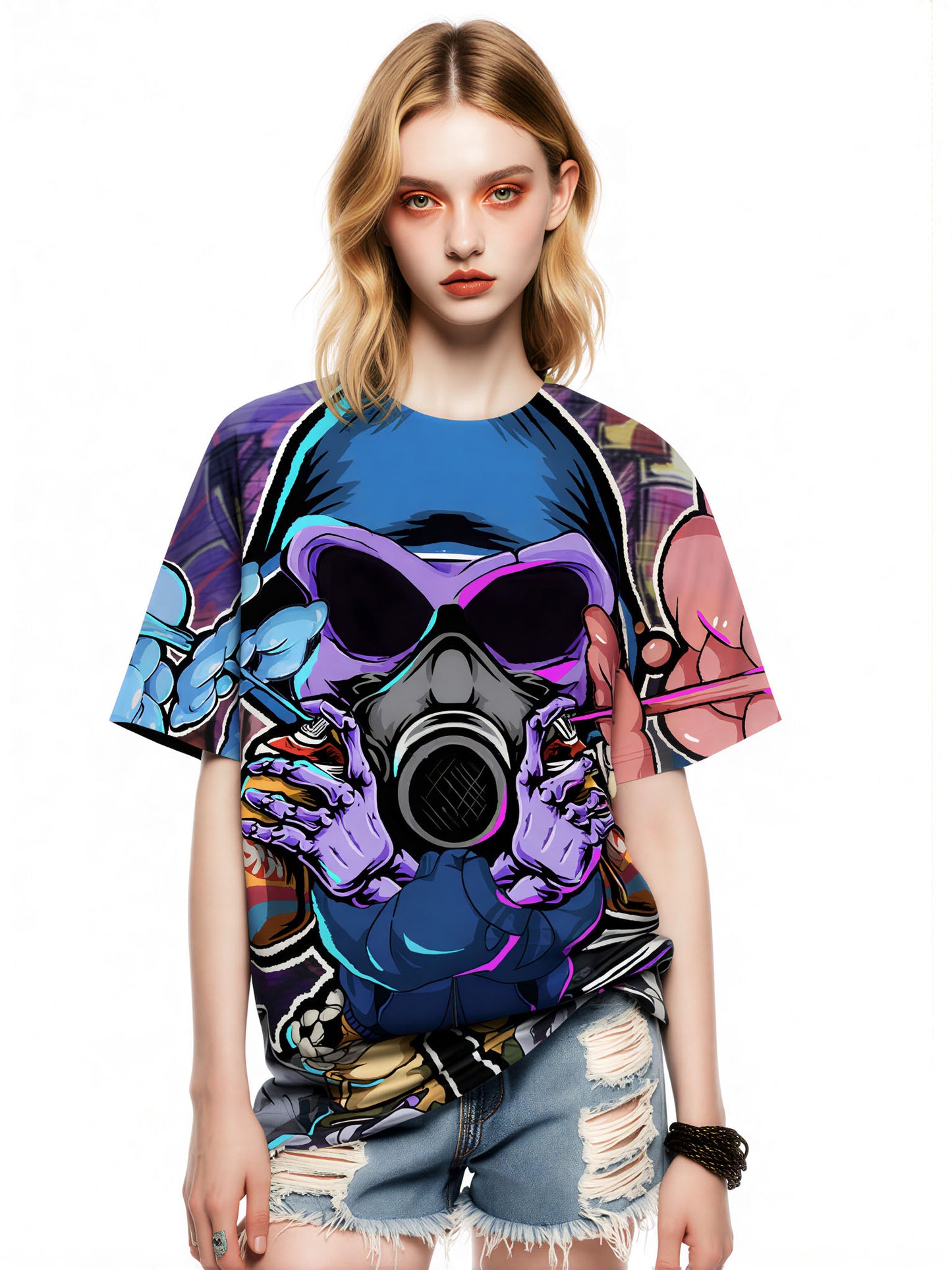 3D All Over Print T-Shirt Men Women Graffiti Skull Gas Mask Streetwear Graphic Pullover