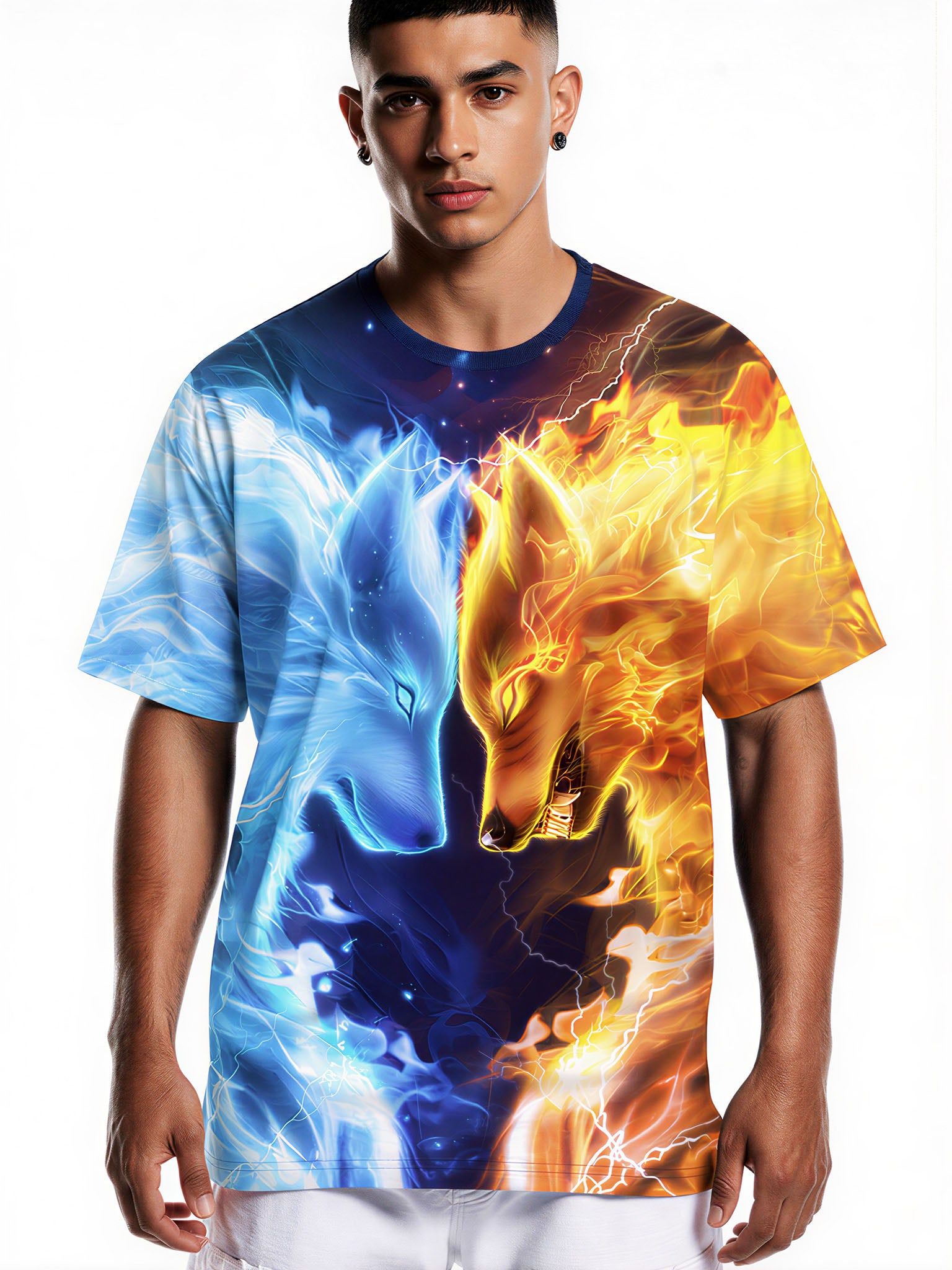 3D All Over Print Fire Ice Wolf T-Shirt for Men Women, Bold Graphic Streetwear Sweatshirt