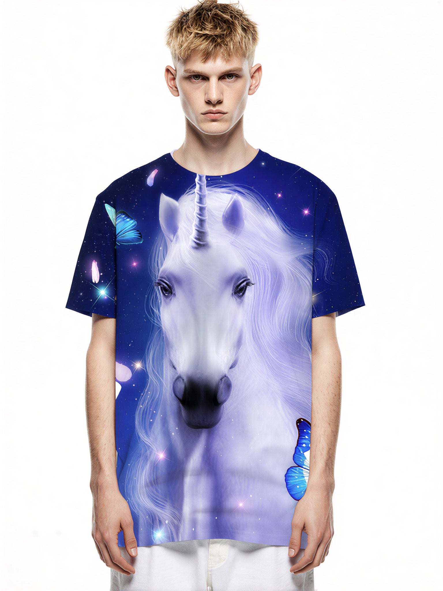 Unicorn 3D All Over Print T-Shirt for Men Women, Magical Starry Sky Butterfly Design