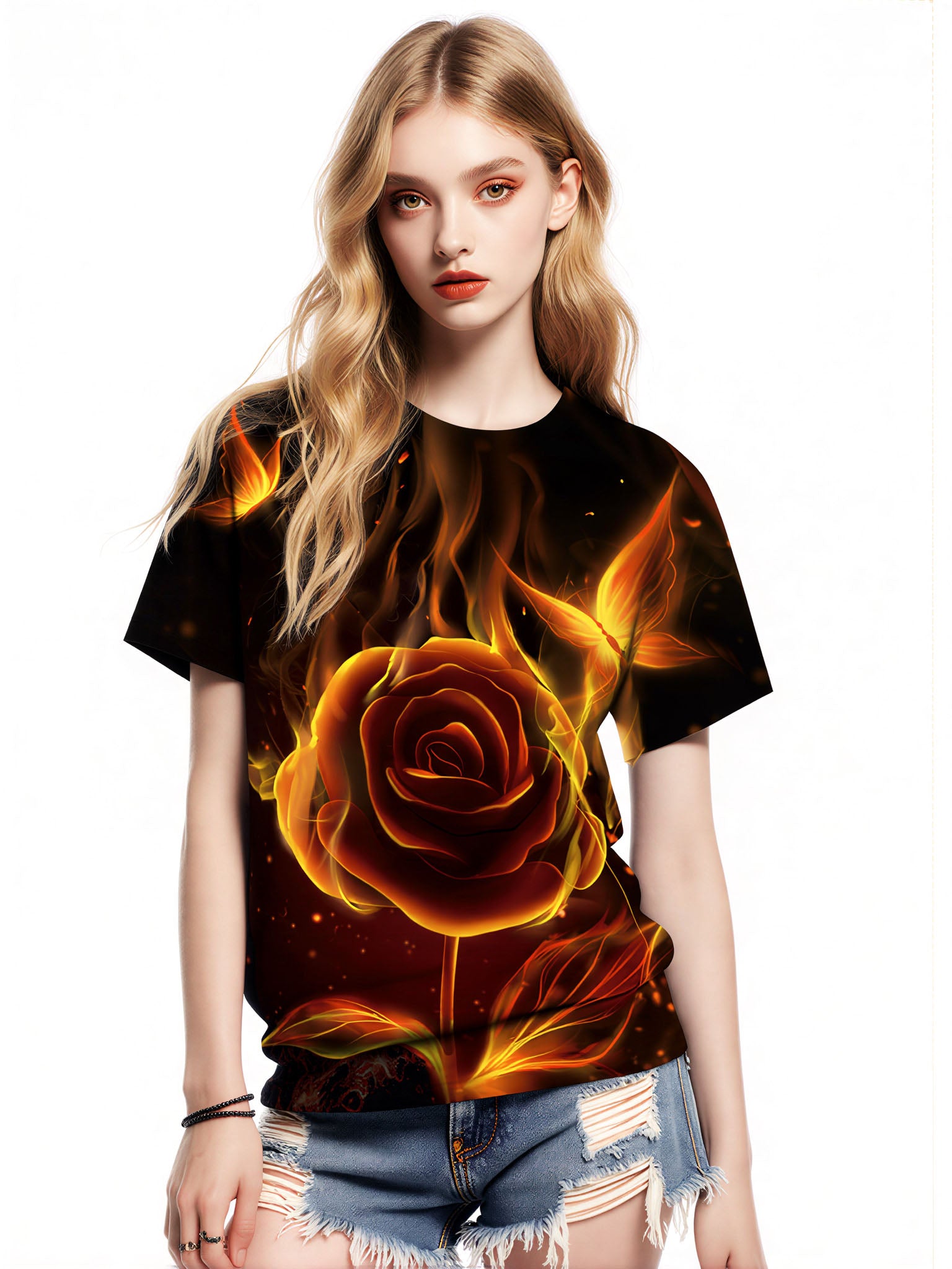 3D All Over Print Flaming Rose T-Shirt for Men Women, Fire Butterfly Graphic Streetwear Sweatshirt