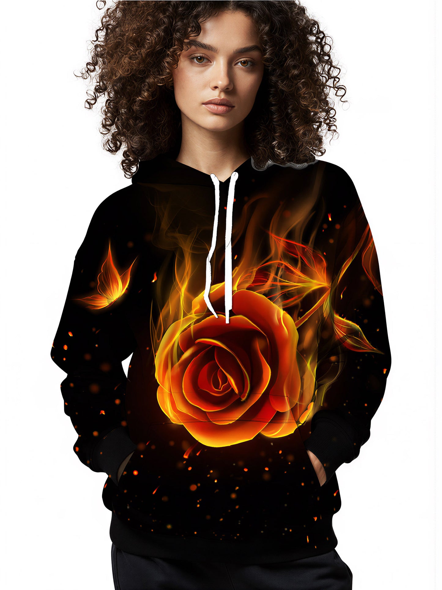 Flaming Rose 3D All Over Print Hoodie for Men Women, Fire Butterfly Design Unisex Streetwear