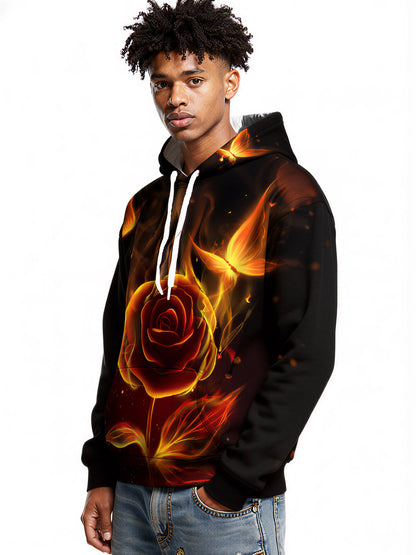 Flaming Rose 3D All Over Print Hoodie for Men Women, Fire Butterfly Graphic Pullover Sweatshirt