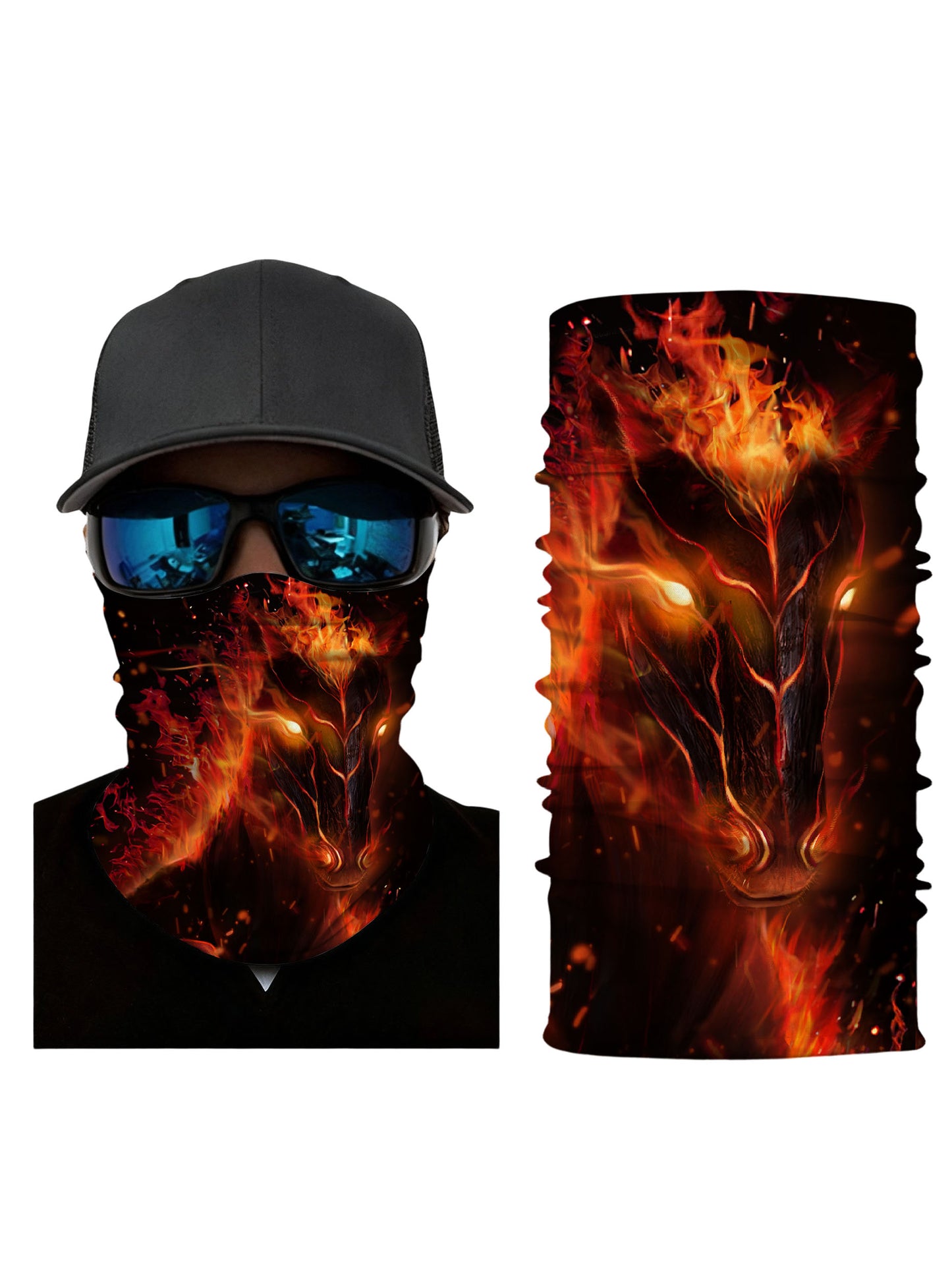 Tube Face Mask with 3D all over print fiery dragon head design, Streetwear aesthetic unisex breathable fabric for outdoor sports and urban styling