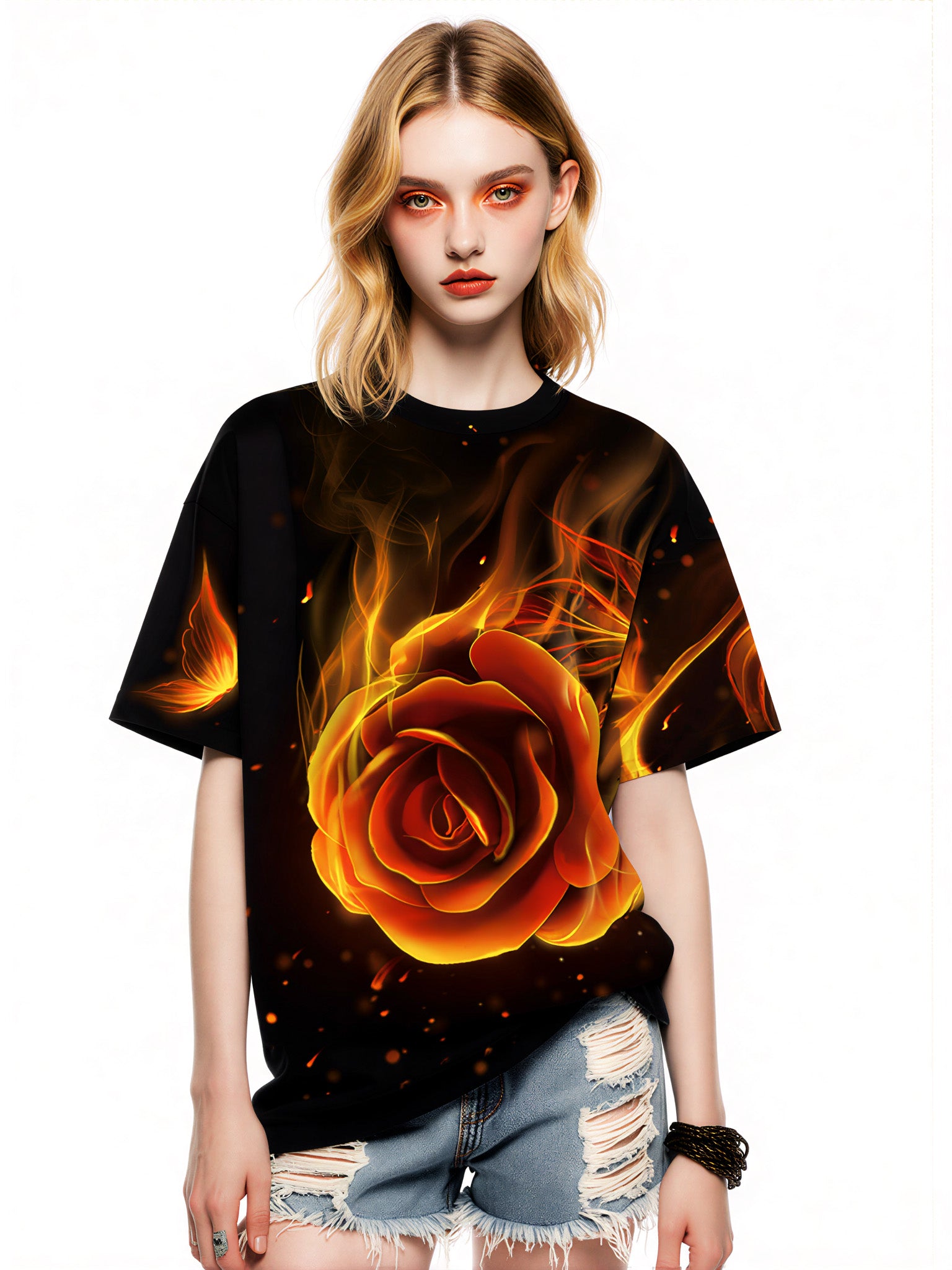 3D Bold Flaming Rose All Over Print T-Shirt for Men Women Graphic Streetwear Top
