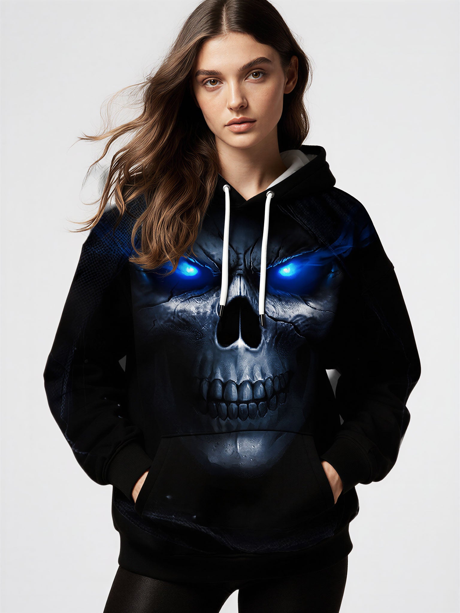 3D All Over Print Skull Hoodie with Glowing Blue Eyes for Men Women, Gothic Streetwear Style