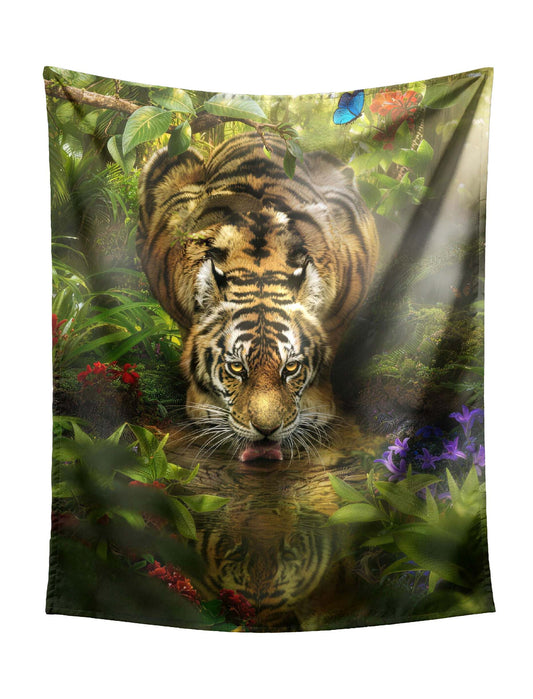 Tiger Drinking From Clear Stream With Reflection In Lush Jungle Tapestry - Captivating Wildlife Wall Hanging for Serene Home Decor