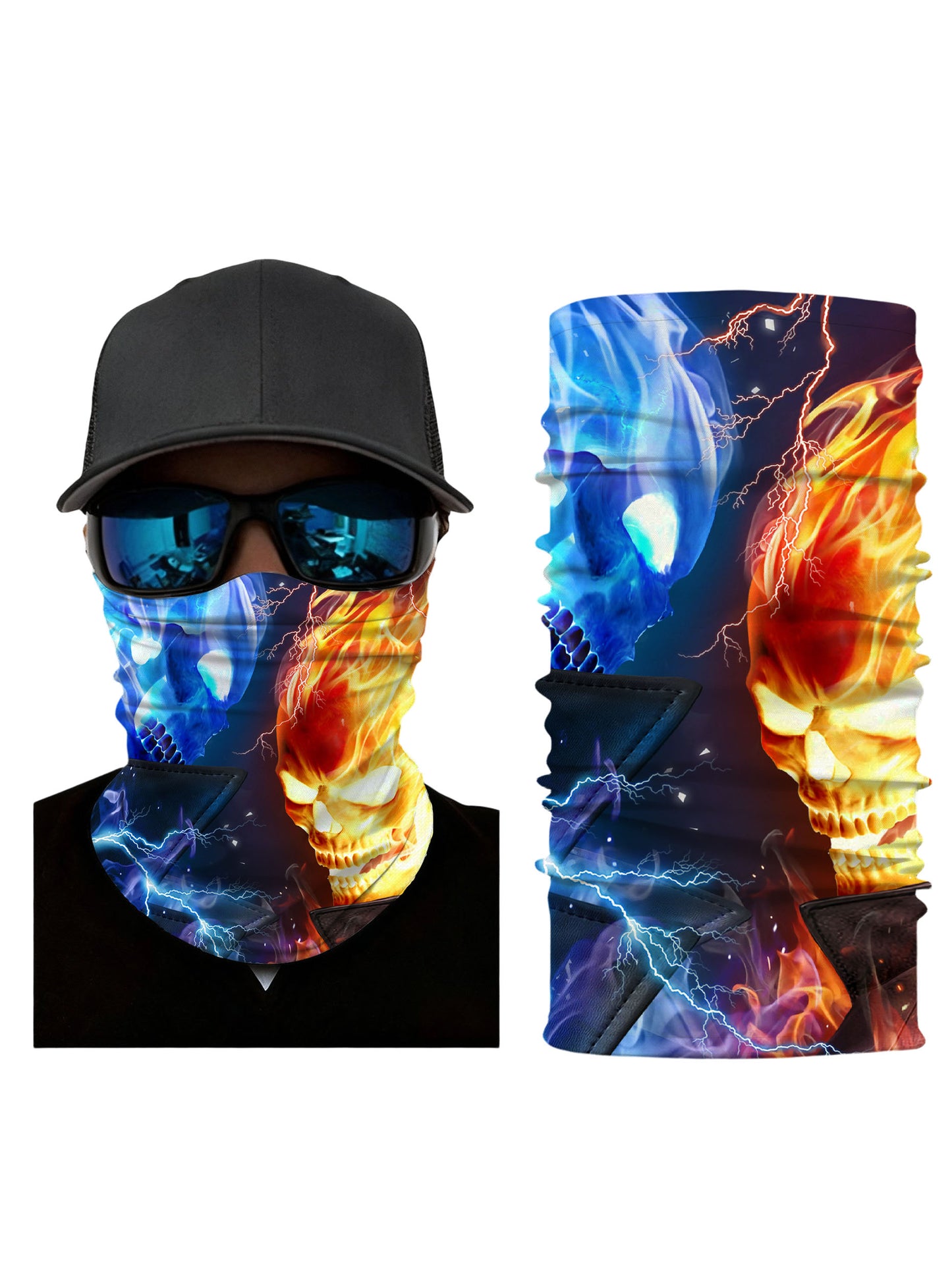 Tube Face Mask with 3D All Over Print Fire and Ice Skull Design, Streetwear Style, Unisex Breathable Fabric for Outdoor Sports